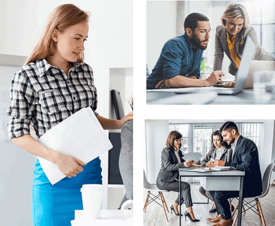 Collage of three business scenes: a woman holding papers, a man and woman working at a laptop possibly needing computer repair, and three people in a meeting discussing documents around a table. computer repair