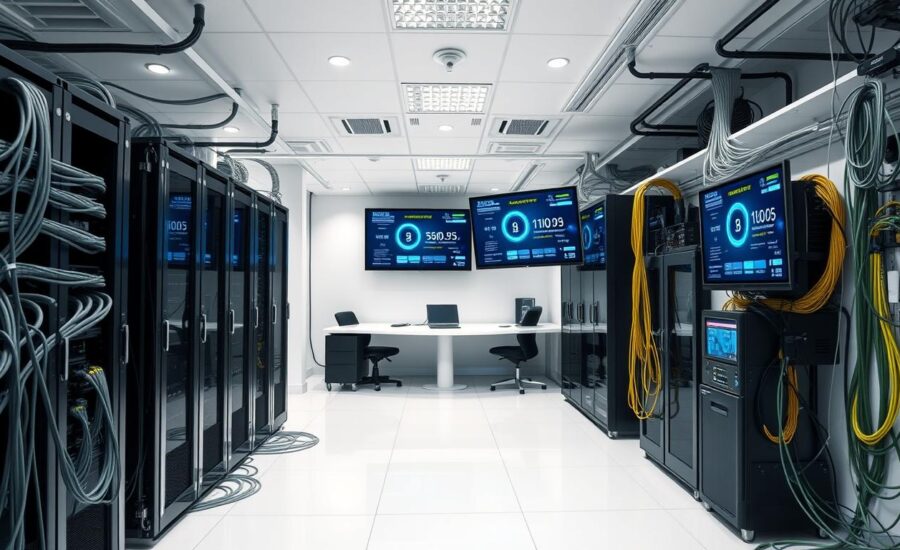 A modern server room with numerous black server racks, cables, and monitors displaying data on the walls. A white desk dedicated to computer repair with two computers is positioned at the back of the room, under bright overhead lighting. computer repair